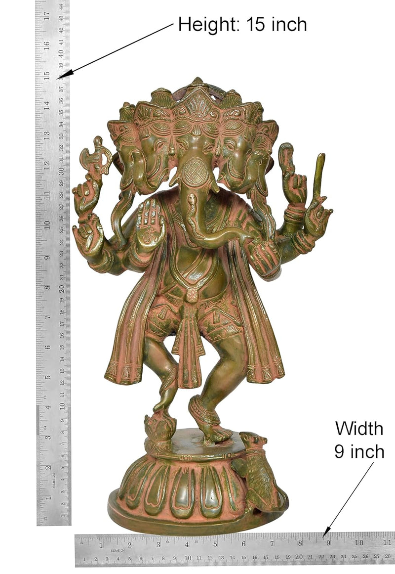 Brass Dancing Panchmukhi Ganesha Statue Gaanesh Murti Home Temple Office Figurine Showpiece Multicolour (Height 15 Inch)