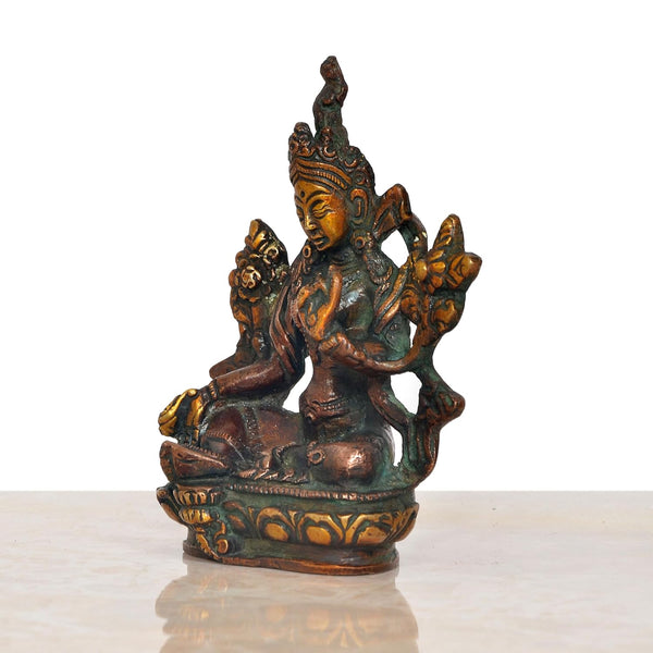 Brass Tara Devi Statue - for Worship, Meditation Spaces, for Home Decor and Office, or as a Thoughtful Spiritual Gift. (Height 4 Inch) Study Setting