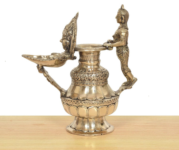 Brass Oil Lamp Sukunda Nepalese Cast Ceremonial Oil Lamp (Height 10.5 Inch) Study Setting