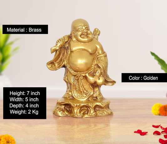 Brass Laughing Buddha Standing Statue Happy Man for Good Luck (Height :7 inch)