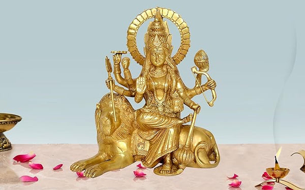 Brass Durga Maa Sitting on Lion Sculpture (Height- 11.5 Inches) Mandir Setting