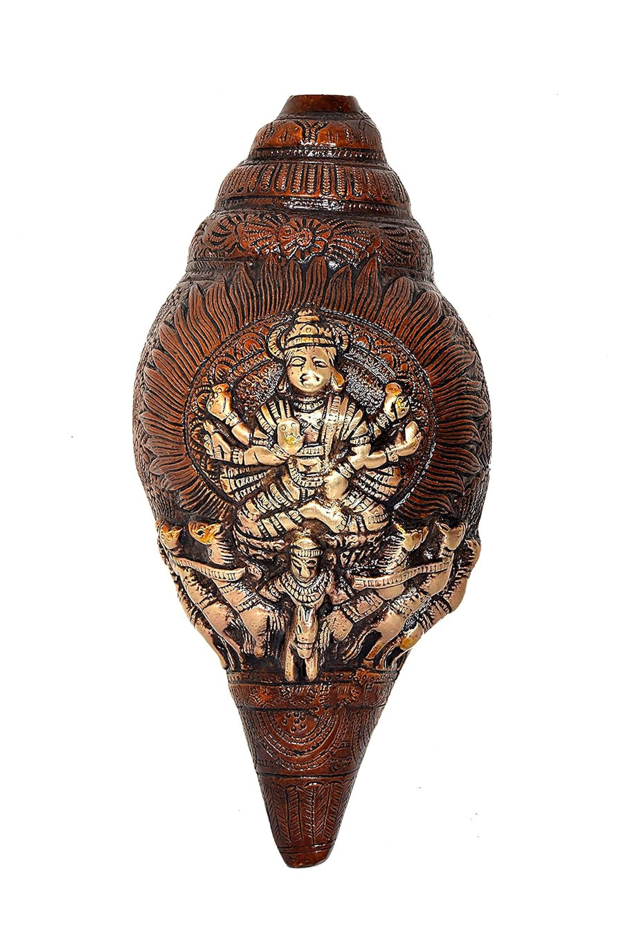 Brass Shankh with God Images Print in Brass for Puja Use & Showpiece (Surya Dev On Shankh) (Length: 9 Inches) Craft Detail