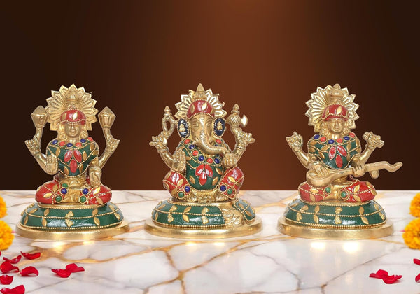 Brass Lakshmi Ganesh Saraswati Idol (Height: 5 Inch) (Multicolor 1) Mandir Setting