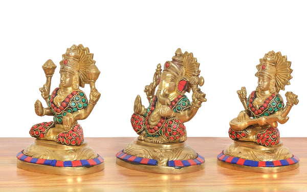Brass Lakshmi Ganesh Saraswati Idol (Height: 5 Inch) (Multicolor 2) Study Setting