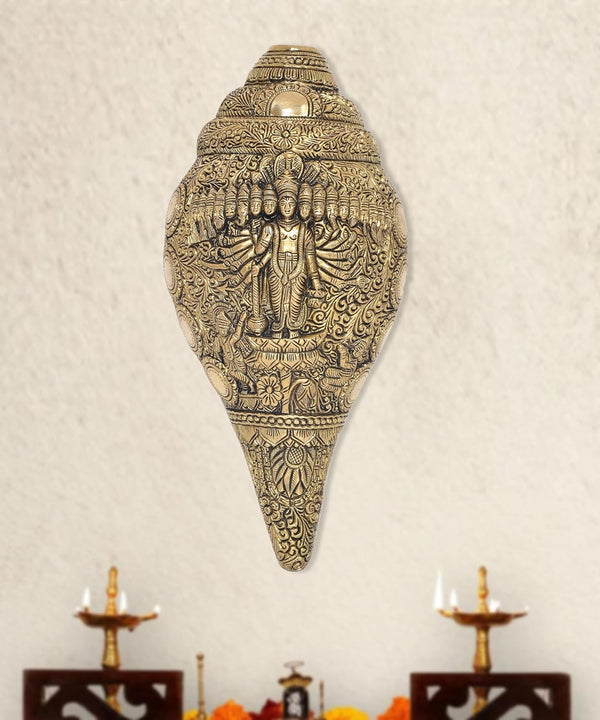 Brass Vishnu Dasavtar Shankh Wall Hanging Shankh Vishnu Dasavtar Design on Shankh Home Decor, Mandir Pooja Temple (Height 9.5 Inch) Mandir Setting