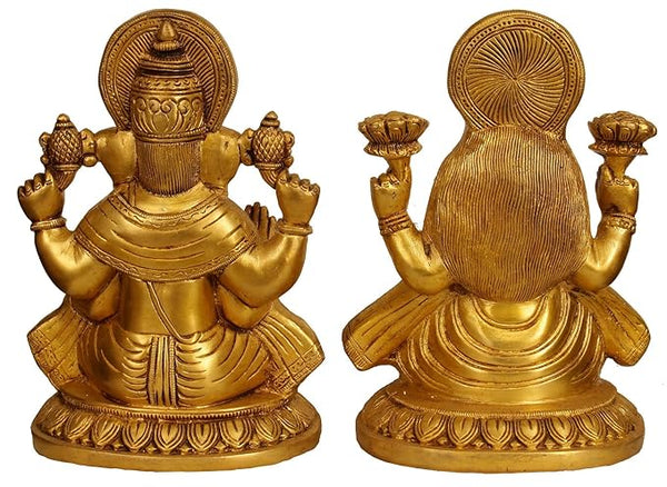Brass Sitting Ganesha Ganesh Laxmi Lakshmi Idol Statue Murti for Diwali Pooja, Height : 8 inch Entryway Setting