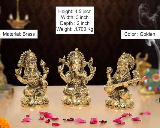 Brass Lakshmi Ganesha Saraswati Idol (Height 4.5 Inch)