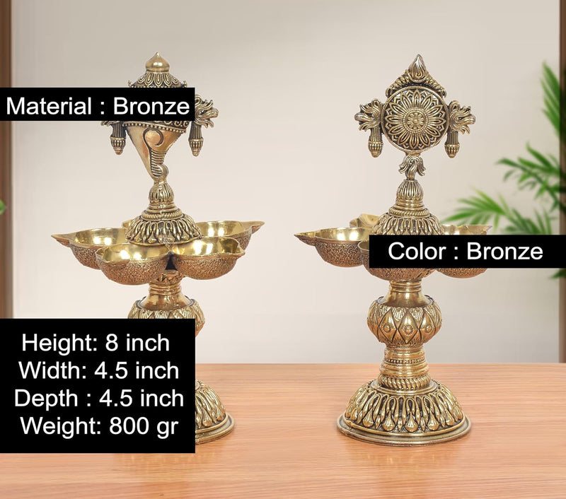 Bronze Traditional Five Diya Shankh, Chakra Oil Lamp Stand Vishnu Symbol (Height 8 Inch)