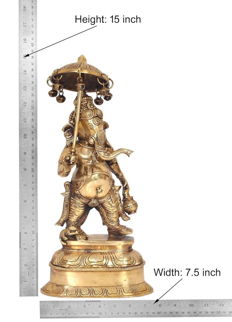 Brass Cute Lord Ganesha Holding Tiny Umbrella Showpiece Home Decor (Height: 15 Inch)