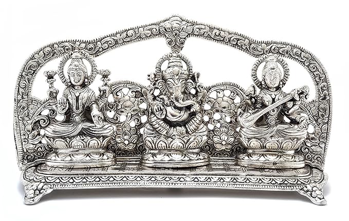 Metal Ganesha Lakshmi and Saraswati Sculpture (Silver Width: 10Inches)
