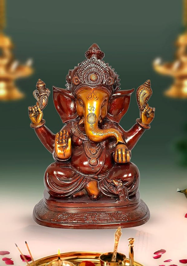 Brass Lord Ganesha Ganpati Idol Vinayak Religious Statue Murti Height 14 Inch Mandir Setting