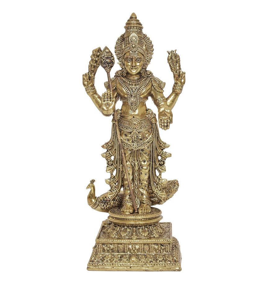 Brass Standing Lord Kartikeya with Peacock Murugan Murti for Home Decor Pooja Mandir Decorative Showpiece Murti (Height:8 Inches) Craft Detail