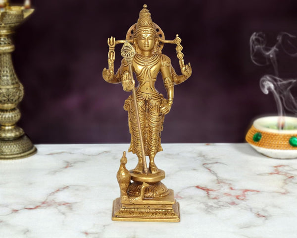 Brass Standing Lord Kartikeya with Peacock Murugan Murti (Height 8 Inch) Mandir Setting
