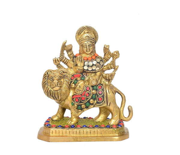 Brass Durga Maa with Lion Idol – Sherawali Mata Rani Statue for Home Temple Décor & Pooja Figurine multicolour 2 (Height :6 Inches) Study Setting