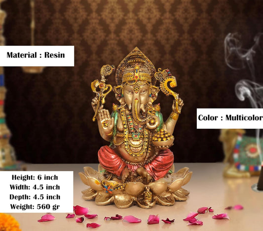 Resin Ganesh Sitting on Lotus Murti (Height 6 Inch)