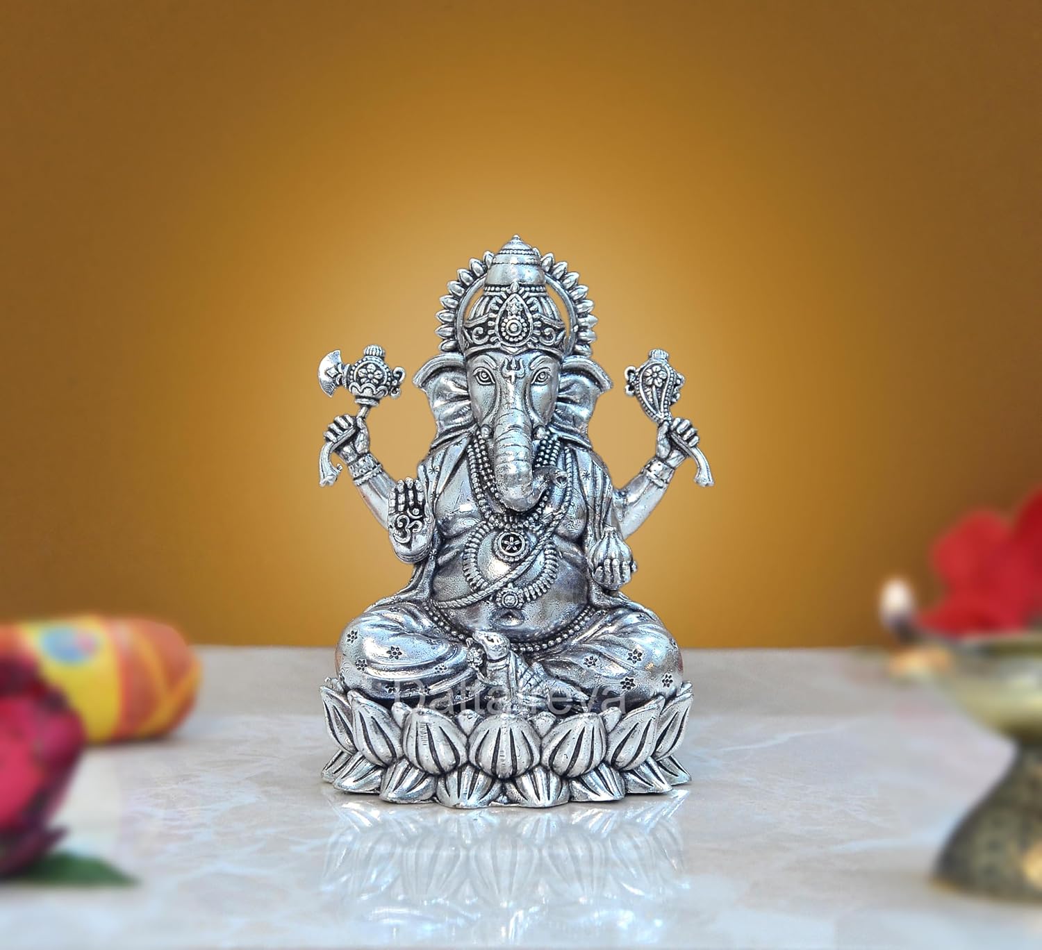 Superfine Brass Lord Ganesha Sitting On Lotus Ganpati Idol Vinayak Religious Statue for Home Decor Mandir Pooja Decorative Showpiece, (Height 4 Inch)