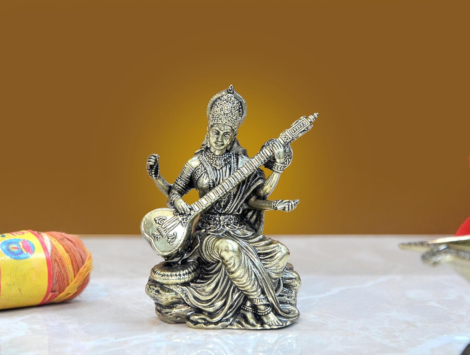Superfine Brass Maa Saraswati Statue Suited for School Bag (Height 3 Inch)