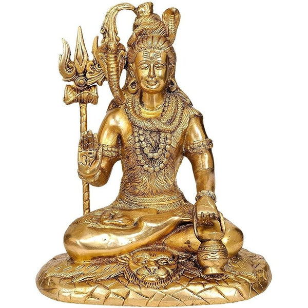 Brass Lord Shiva Seated On The Mountain of Kailash, Height: 10" Mandir Setting
