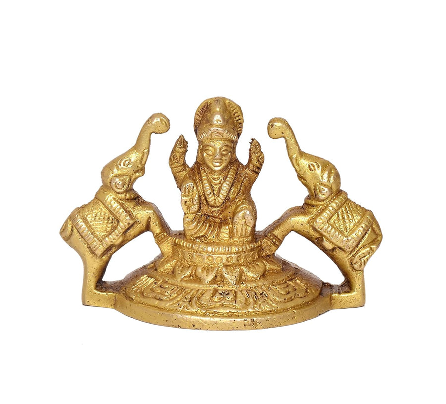 Brass Gaja Lakshmi Statue Laxmi with Elephants Home Temple Office Figurine Showpiece (Height 2.5 Inch) Craft Detail