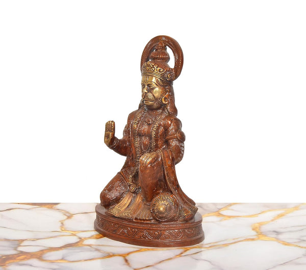 Brass Hanuman JI Sitting in Blessing Statue (Height: 9 Inch) Study Setting