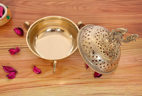 Brass Loban Dhoop Dani with Peacock Showpiece (Height 6 Inch) Golden Study Setting