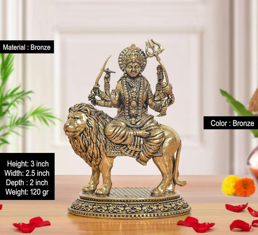 Bronze Durga Maa Idol with Tiger (Height 3 Inch)