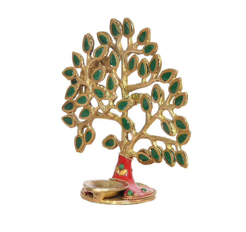 Brass Kalpavriksha Tree Table Standing with Stonework for Home Decor and Ofice Teble Decor Figurine (Height: 6 inch) (Multicolor Tree 2)