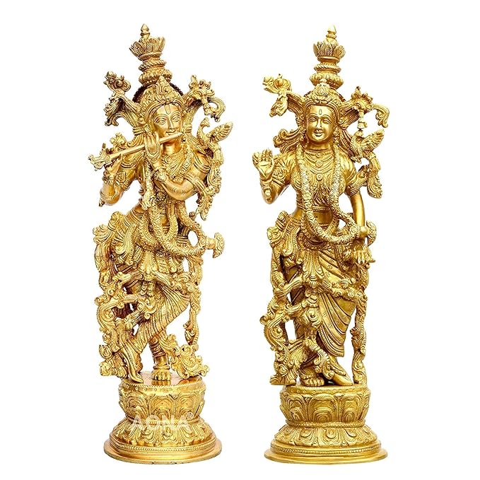 Brass Radha Krishna Figurine (Golden) (Height: 15 Inches)