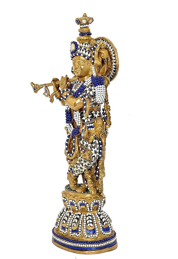 Brass Lord Krishna Idol Figurine Sculpture Playing Flute Statue Decorative Showpiece, (Height 19 Inch) Study Setting