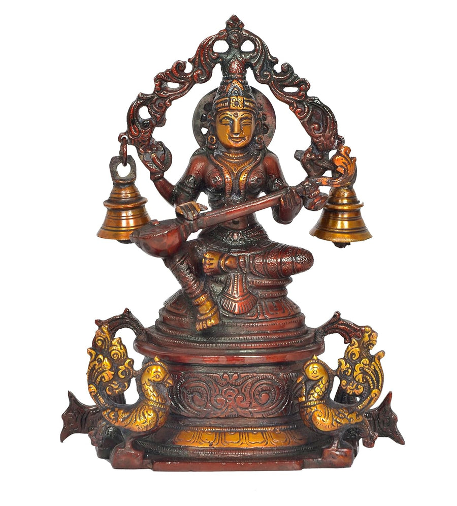 Brass Goddess Saraswati Sitting On Swan Devi of Study Maa Saraswati for Home Decor Office Mandir Pooja (Height: 8 Inch) Craft Detail
