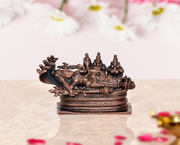Copper Sheshashayi Vishnu with Lakshmi ji and Bhudevi for Home Decor Mandir Pooja - Copper Statue (Height 2.5 Inch) Mandir Setting