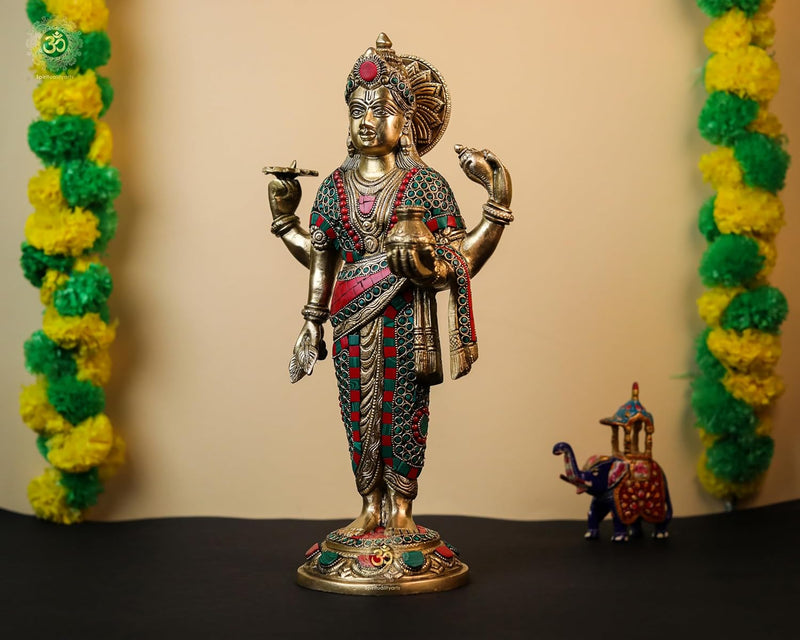 Dhanvantari Statue | Lord Brass Dhanwantri With Stone Work | God of Ayurveda | Hindu God of Medicine | Physician of the Gods & Doctors 16 inches