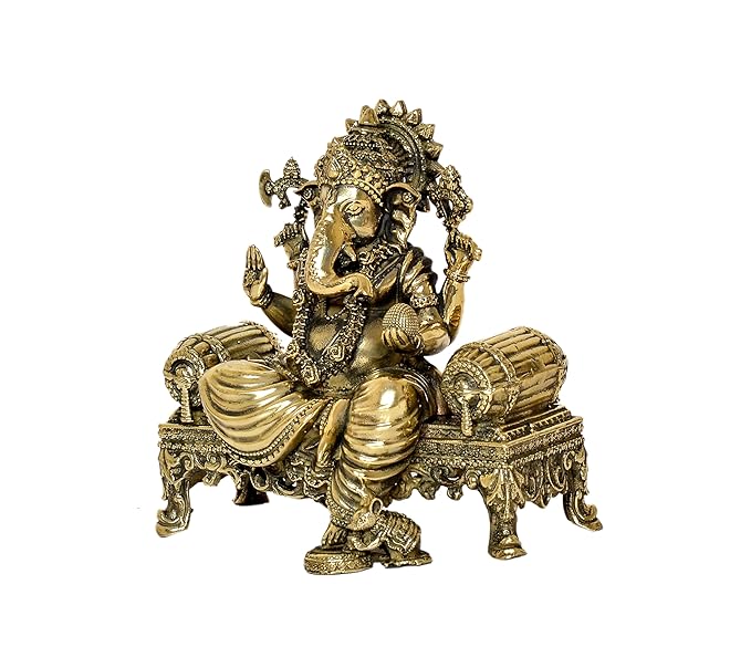 Brass Ganesha Statue Seated on a Throne (Height: 4 inches)