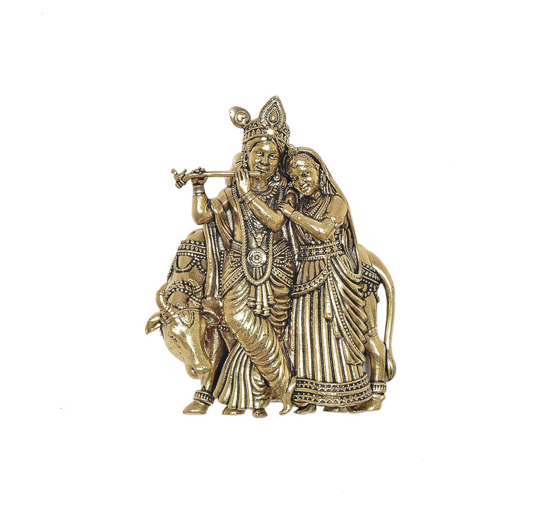 Bronze Radha Krishna with Cow Sculpture (Height: 4 Inch)