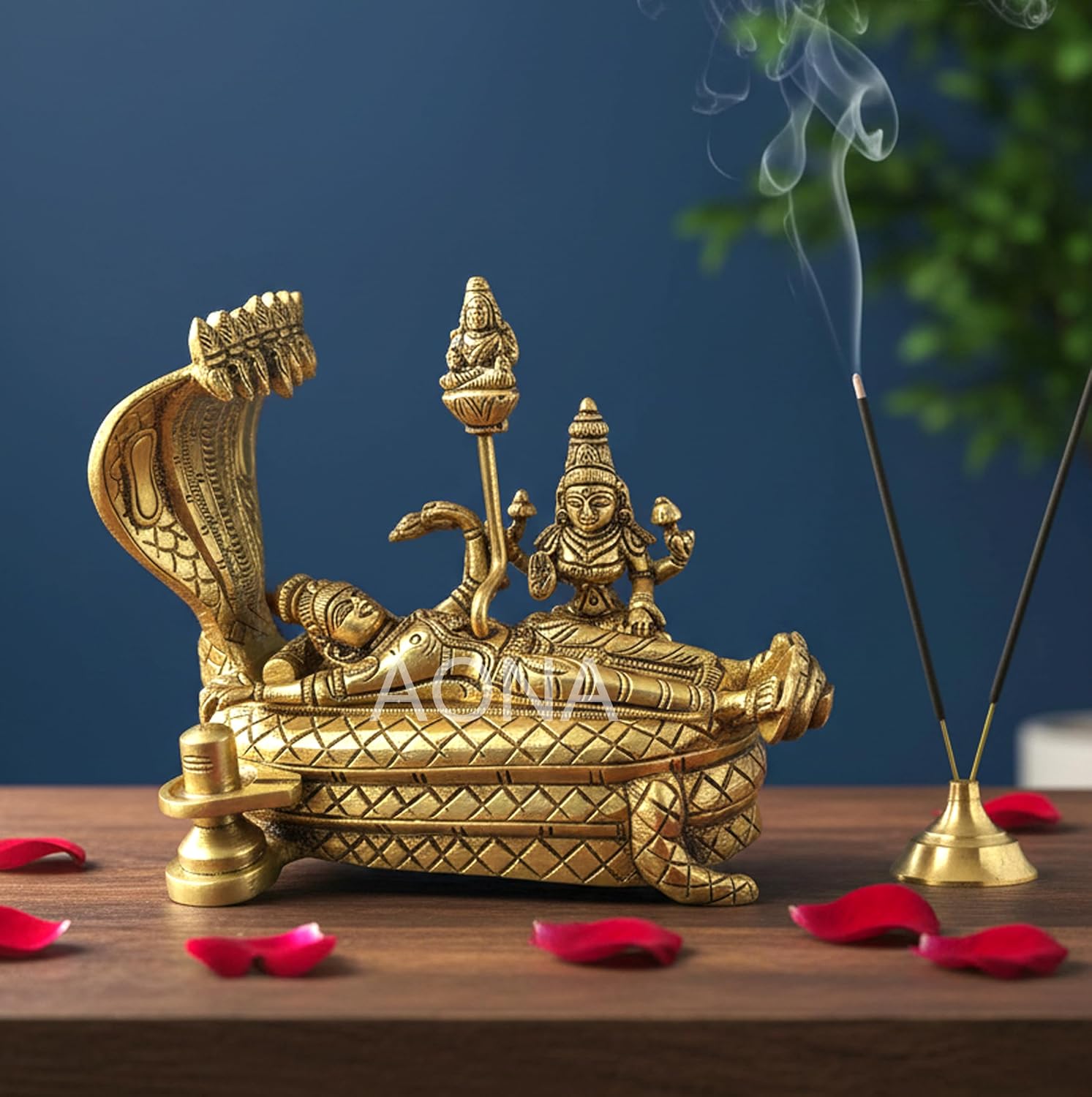 AONA Anantha Padmanabha Idol (Anantha shayanem), Shri Lakshmi Narayan Idol, Maha Vishnu Padmanabhaswamy Brass Statue - 12.8 cm Height, 15.5 cm Length,Golden Color