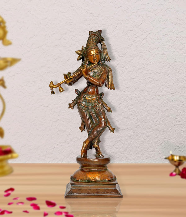 Brass Standing Lord Krishna Statue Playing Flute Sculpture for Home Office Temple Gift Showpiece, (Height 14.5 Inch) Mandir Setting