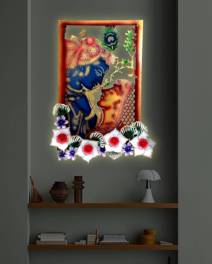 Iron Radha Krishna Flower Frame with LED Inbuilt (Height: 29 Inches)
