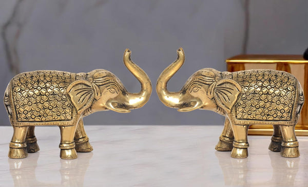 Brass Elephant Figurine - Decorative Statue for Home Decor, Feng Shui, and Good Luck |Pack of 2| (Height 5 Inch) Mandir Setting