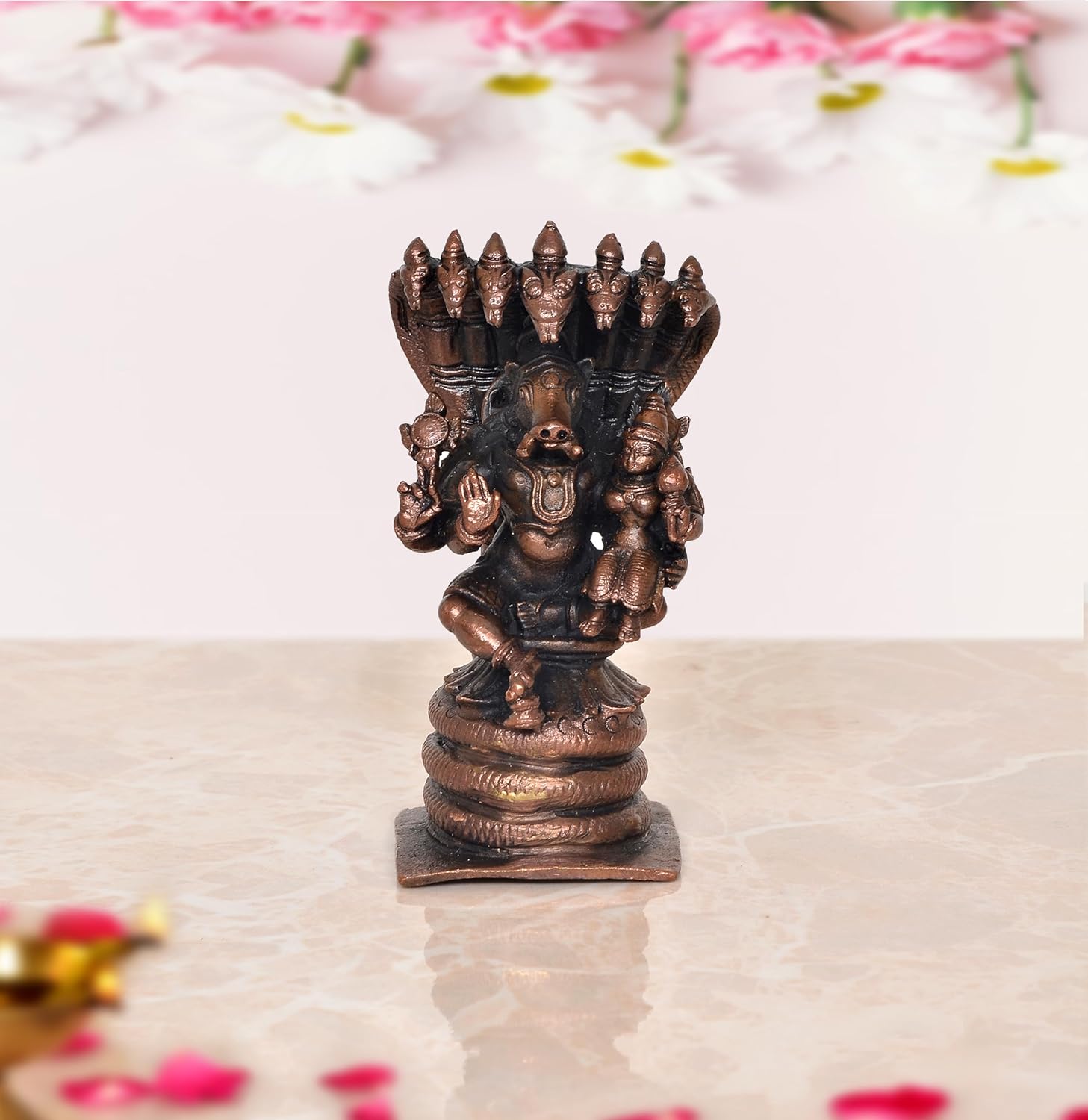 Copper God Lakshmi Varaha on Sheshnag Statue (Height 4 Inch)
