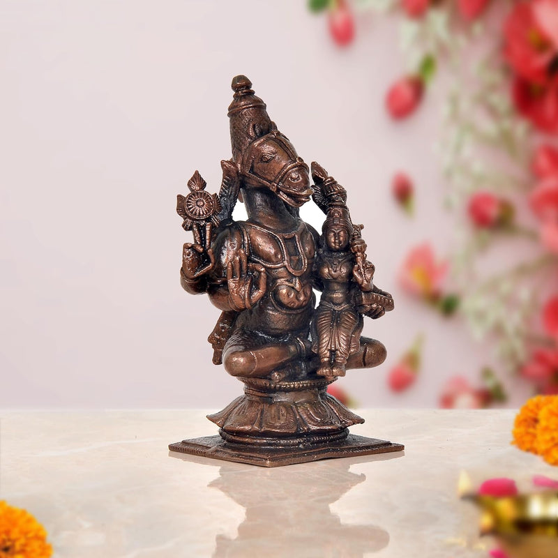 Copper Hayagriva Avatar of Vishnu with Goddess Lakshmi (Height 5 Inch)