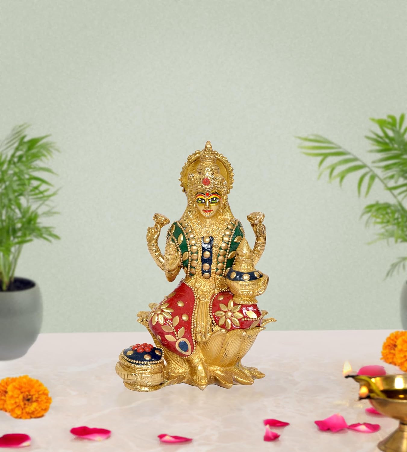 Brass Maa Laxmi Sitting on lotus with Hand Painted Eye work (Height: 7 Inch)