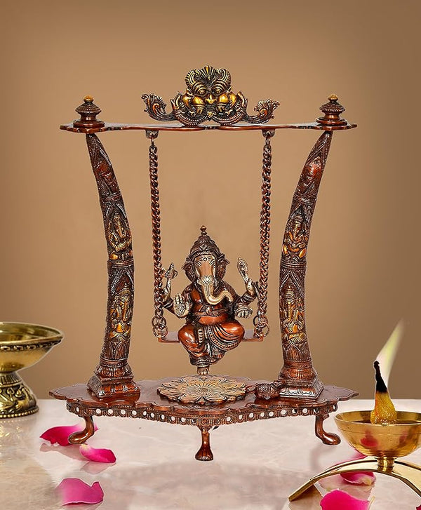 Brass Lord Ganesha On Swing Decorative Showpiece Idol Blue & Red - (Brass, Height 17.5 Inch) Mandir Setting