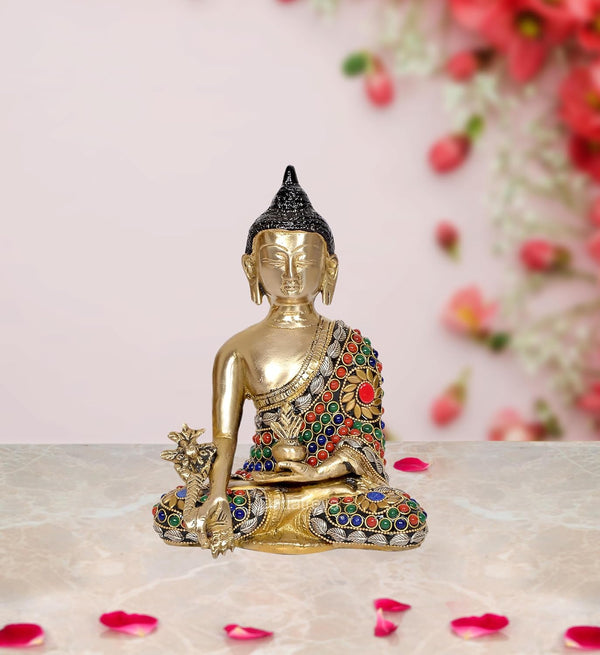 Brass Buddha Statue - Handcrafted Spiritual Decor for Home and Office - Meditating Buddha Idol (Height 8 Inch) Mandir Setting