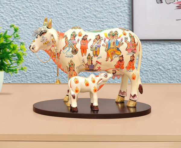 Resin Kamdhenu Cow with Calf God Figure Statue (Height: 8 Inch) (White) Mandir Setting