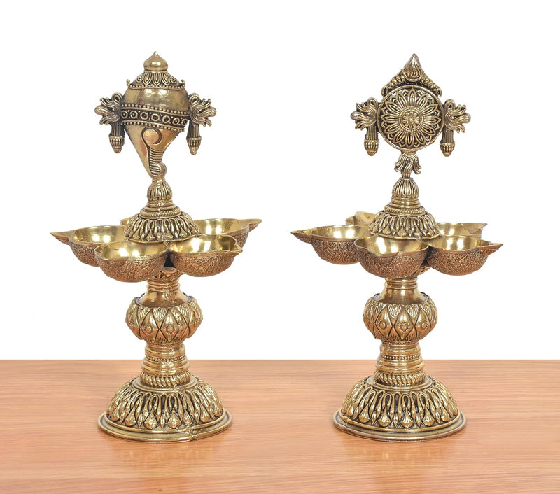 Bronze Traditional Five Diya Shankh, Chakra Oil Lamp Stand Vishnu Symbol (Height 8 Inch)