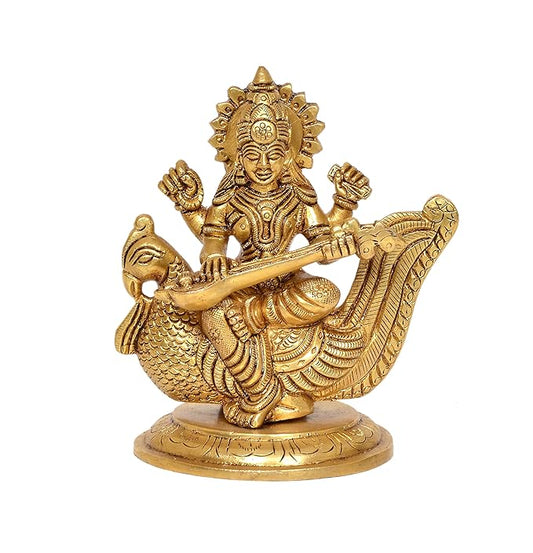 Brass Goddess Saraswati Sitting On Swan Devi (Height: 4.5 Inch)