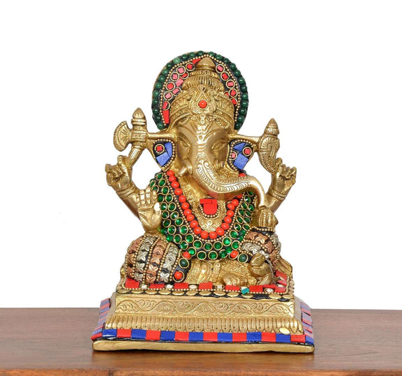 Brass Lord Ganesha Idol (Height 7.5 Inch) (Multicolour 2)