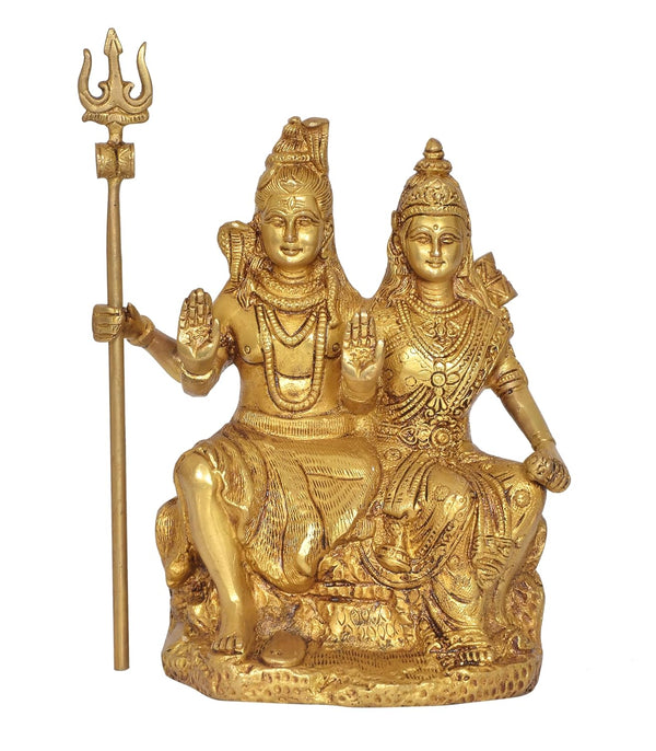 Brass Shiva and Parvati Sitting for Home Decor Mandir Pooja Showpiece (Height 9.5 Inch) Entryway Setting