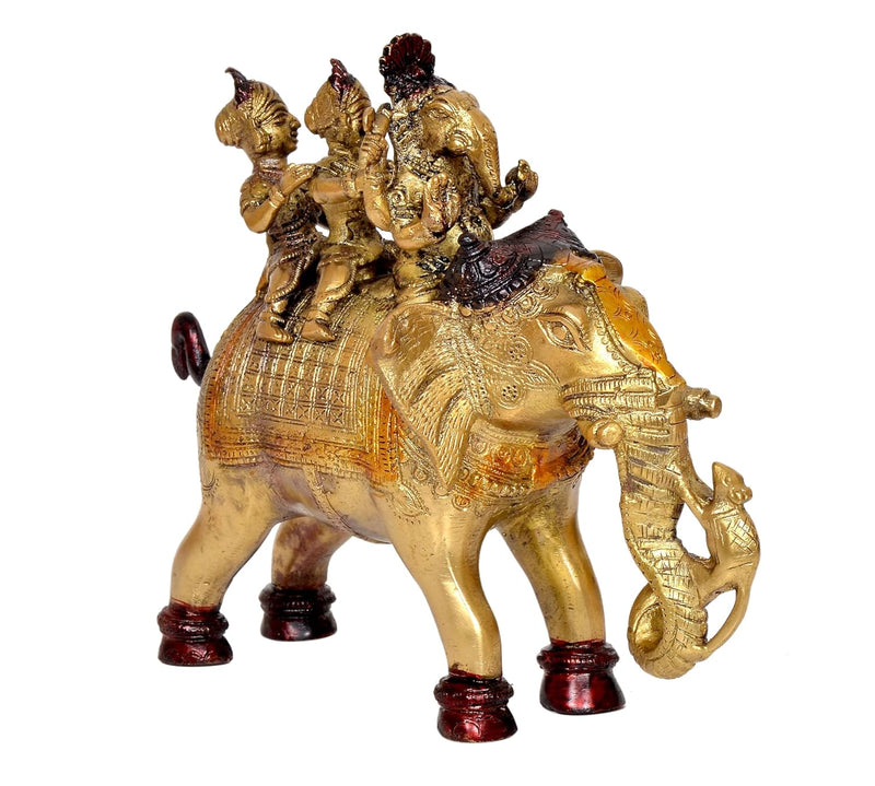 Brass Elephant with Ganesha Riddhi Siddhi Home Decor (Height 8 Inch)