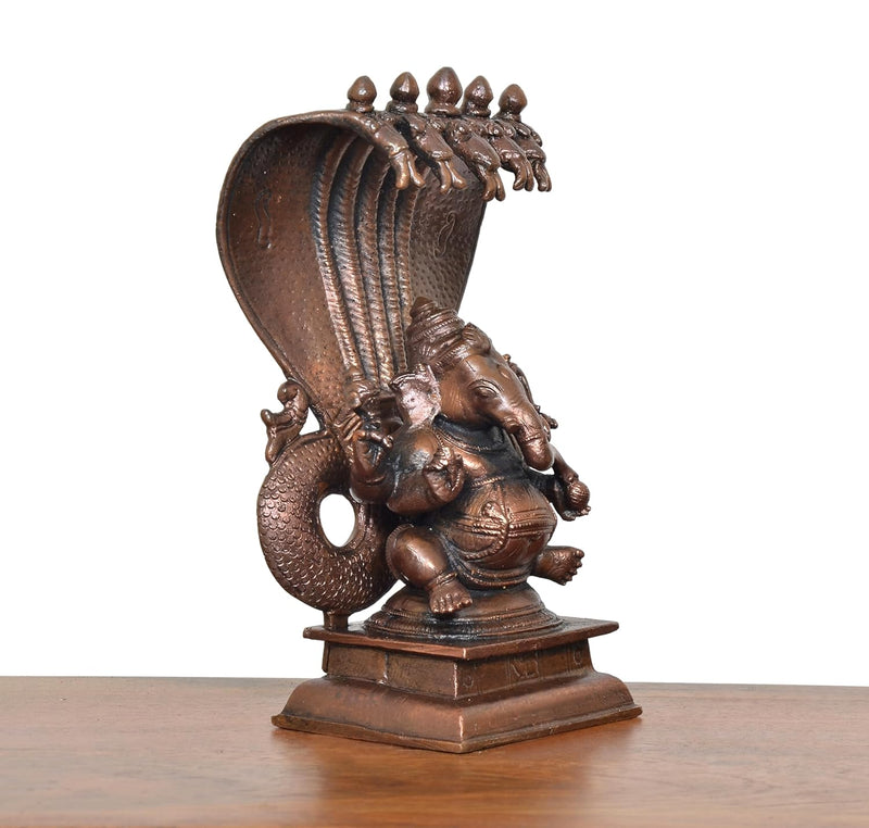 Copper Lord Ganesha with Adishesha Nag Statue (Height 6 Inch)